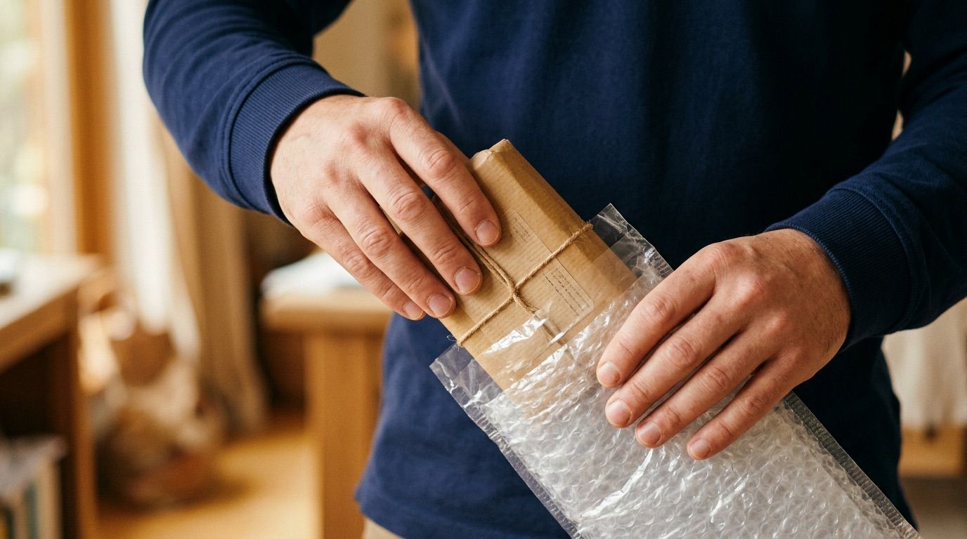 丁寧に荷物を梱包する手元のクローズアップ