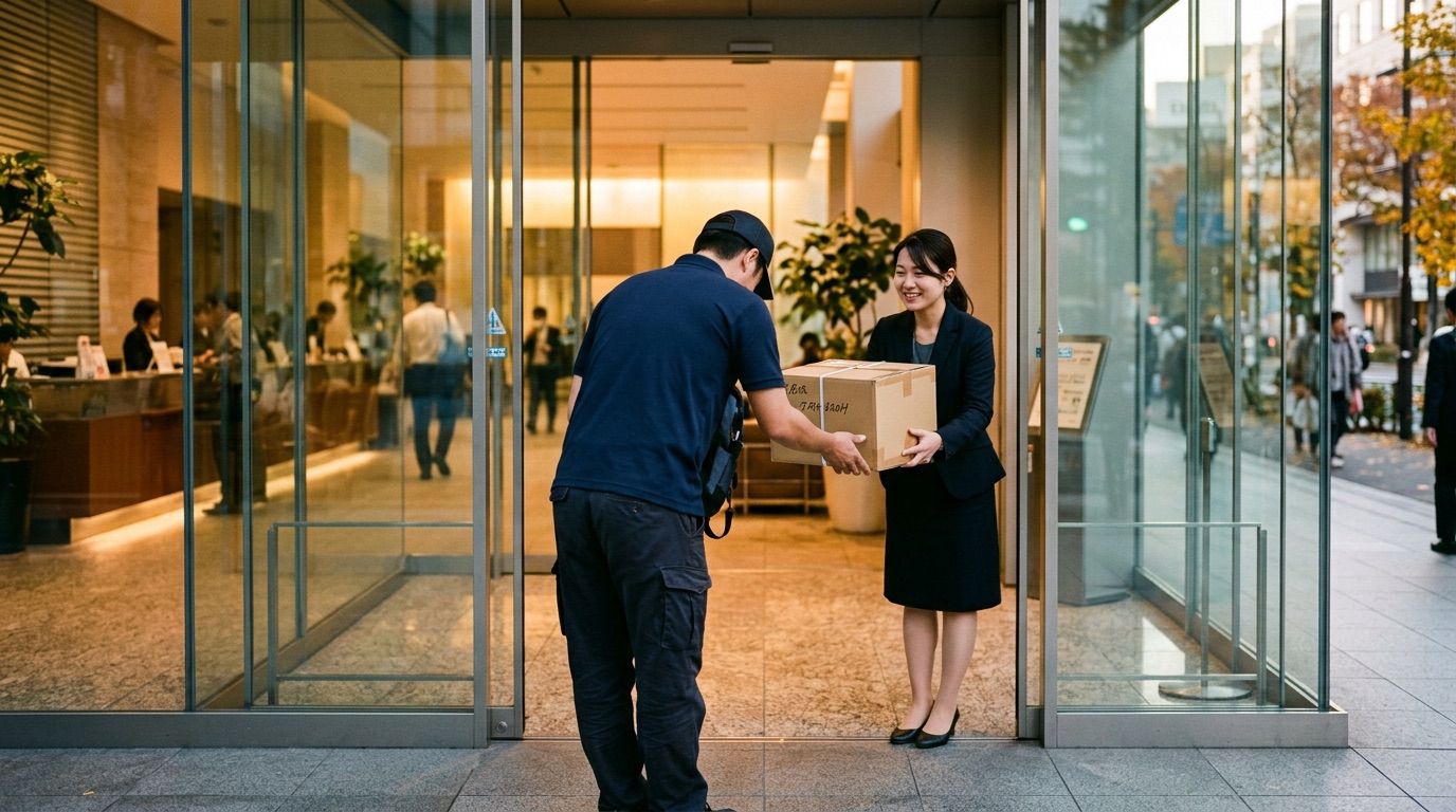 オフィス玄関で代表自ら荷物を直接手渡しする様子