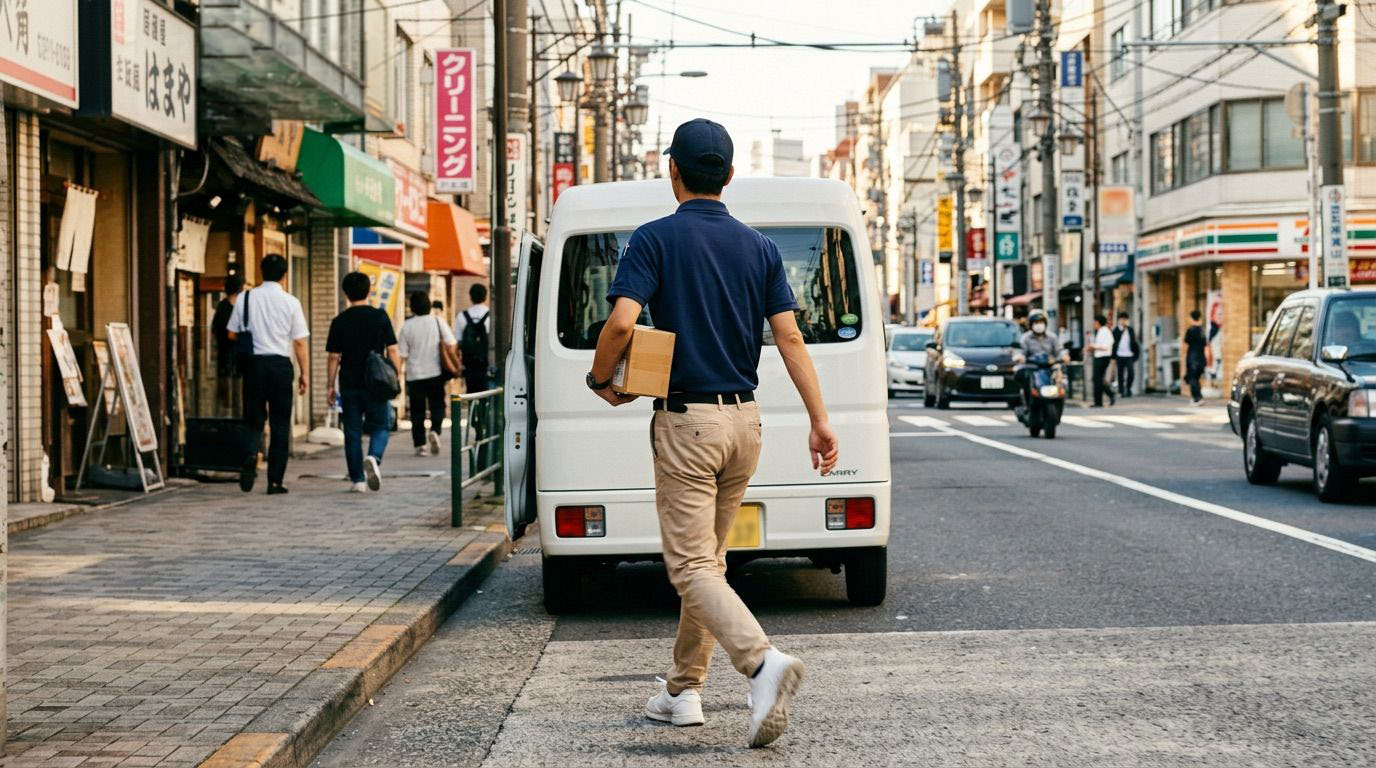 東京の街を軽バンへ颯爽と向かう後ろ姿