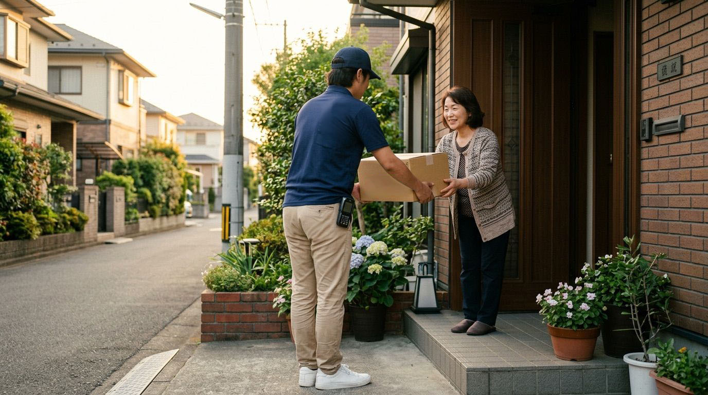 住宅街の玄関先でお客様に直接荷物をお届けする様子